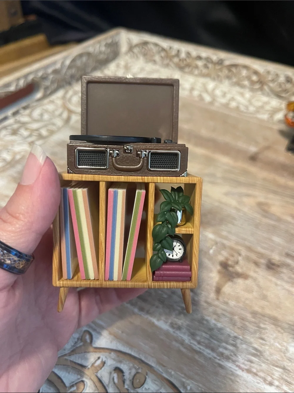 Bath & Body Works Brown Mini Record Player on Wood-Style Shelf